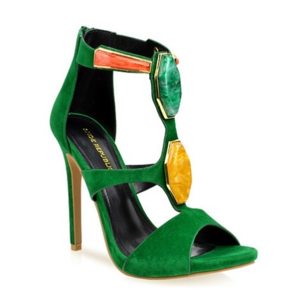 NEW GREEN JEWELED OPEN TOE STILETTO HEELS